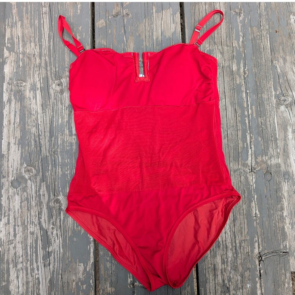 DKNY Red One Piece Swimsuit Women's L High Neck Zip Front Ruched Mesh